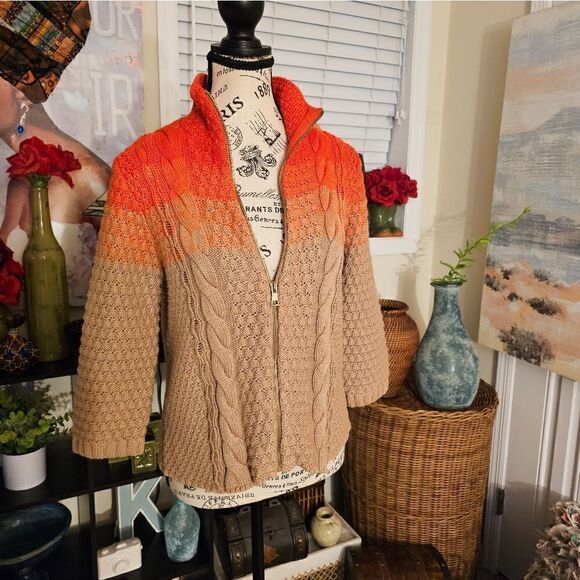 New Rachel Rachel Roy Orange/ Tan Ombra Thick Cable Knit Zipper Front Sweater. - Picture 10 of 15